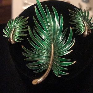 RARE palm Brooch, clip earrings - enamel inlayed